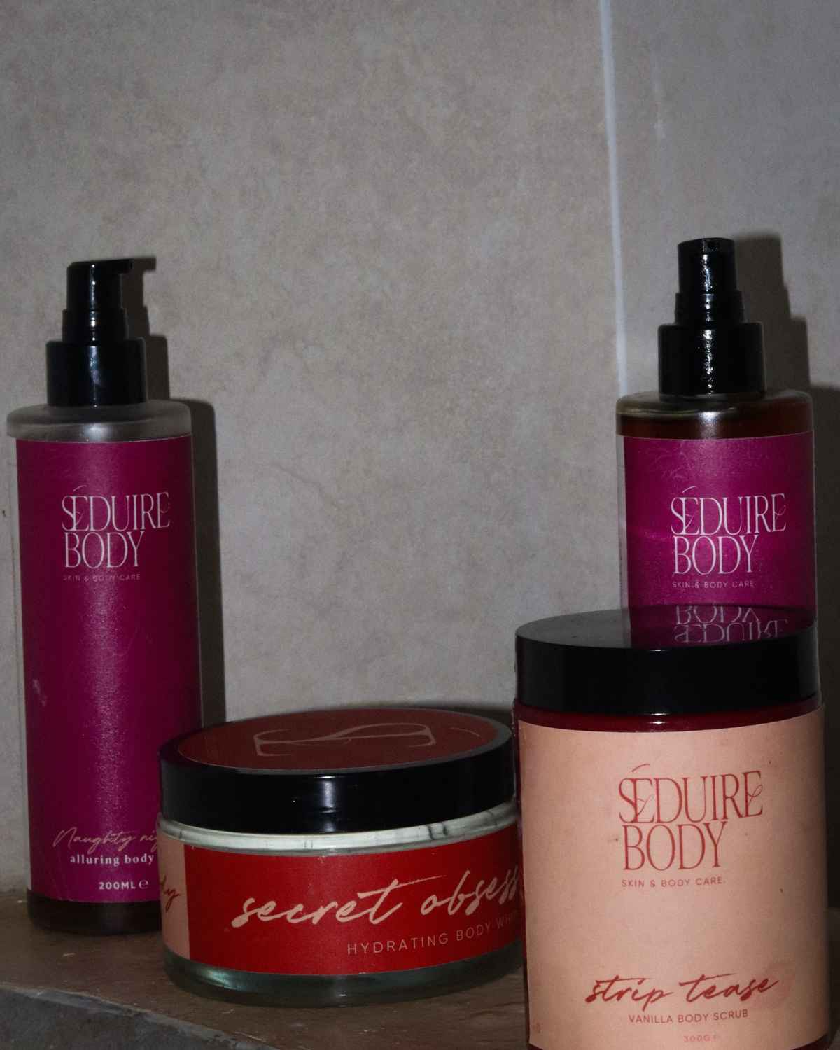 a photo of our seduire body body care products on a dressing table